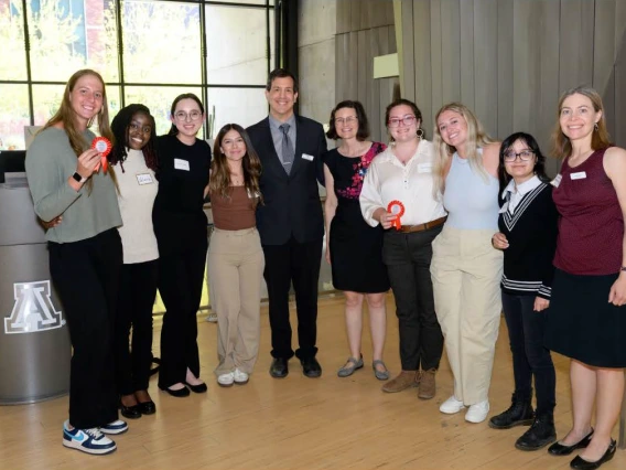 Two of Dr. Bhattacharya’s student teams in her VIP course, NROS 397, won Viewer’s Choice awards at the VIP and CURE Spring 2025 Poster session held in the Health Sciences Innovation Building in April 2025. (Pictured L to R: Malia Rausch, Valerie Sackor, Andrea Castro, Sailyn Lopez, Dr. David Margolis, Dr. Kay Orzech, Shelby Cantrell, Maddie Mercatoris , Vanessa Campos, and Dr. Martha Bhattacharya.)