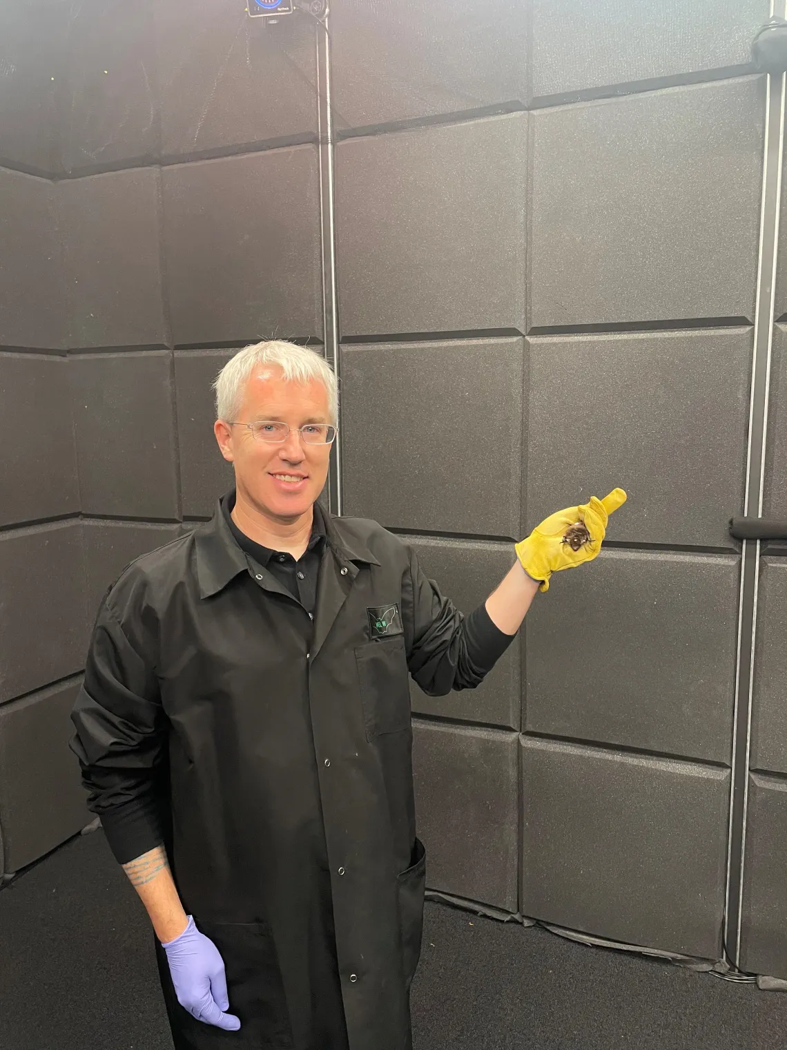 Dr. Wohlgemuth holding a bat while standing in his Bat lab, smiling into the camera