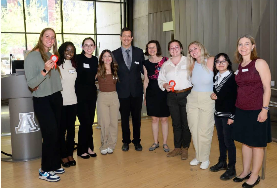 Two of Dr. Bhattacharya’s student teams in her VIP course, NROS 397, won Viewer’s Choice awards at the VIP and CURE Spring 2025 Poster session held in the Health Sciences Innovation Building in April 2025. (Pictured L to R: Malia Rausch, Valerie Sackor, Andrea Castro, Sailyn Lopez, Dr. David Margolis, Dr. Kay Orzech, Shelby Cantrell, Maddie Mercatoris , Vanessa Campos, and Dr. Martha Bhattacharya.)