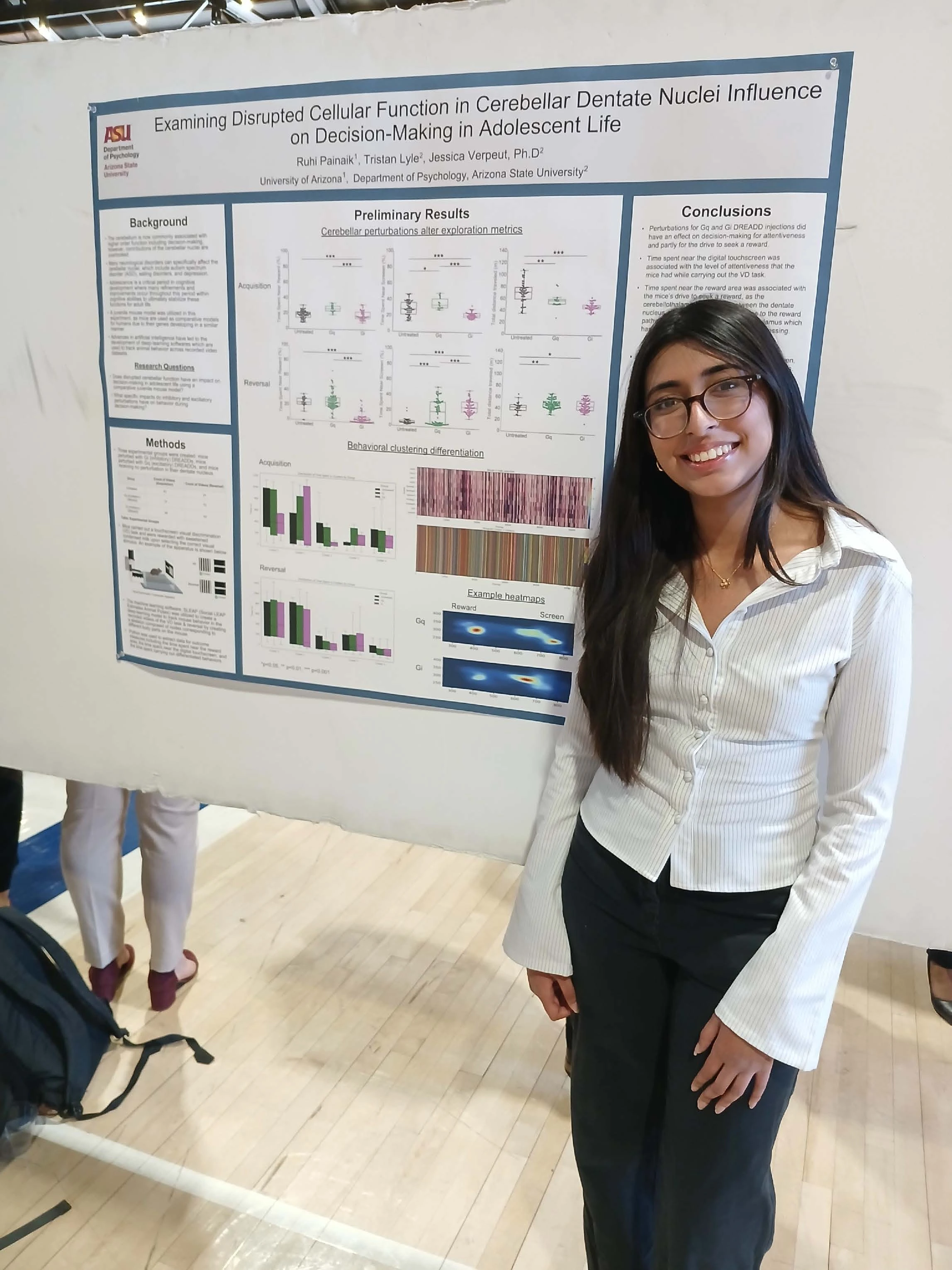 Undergraduate student standing next to their Capstone Project