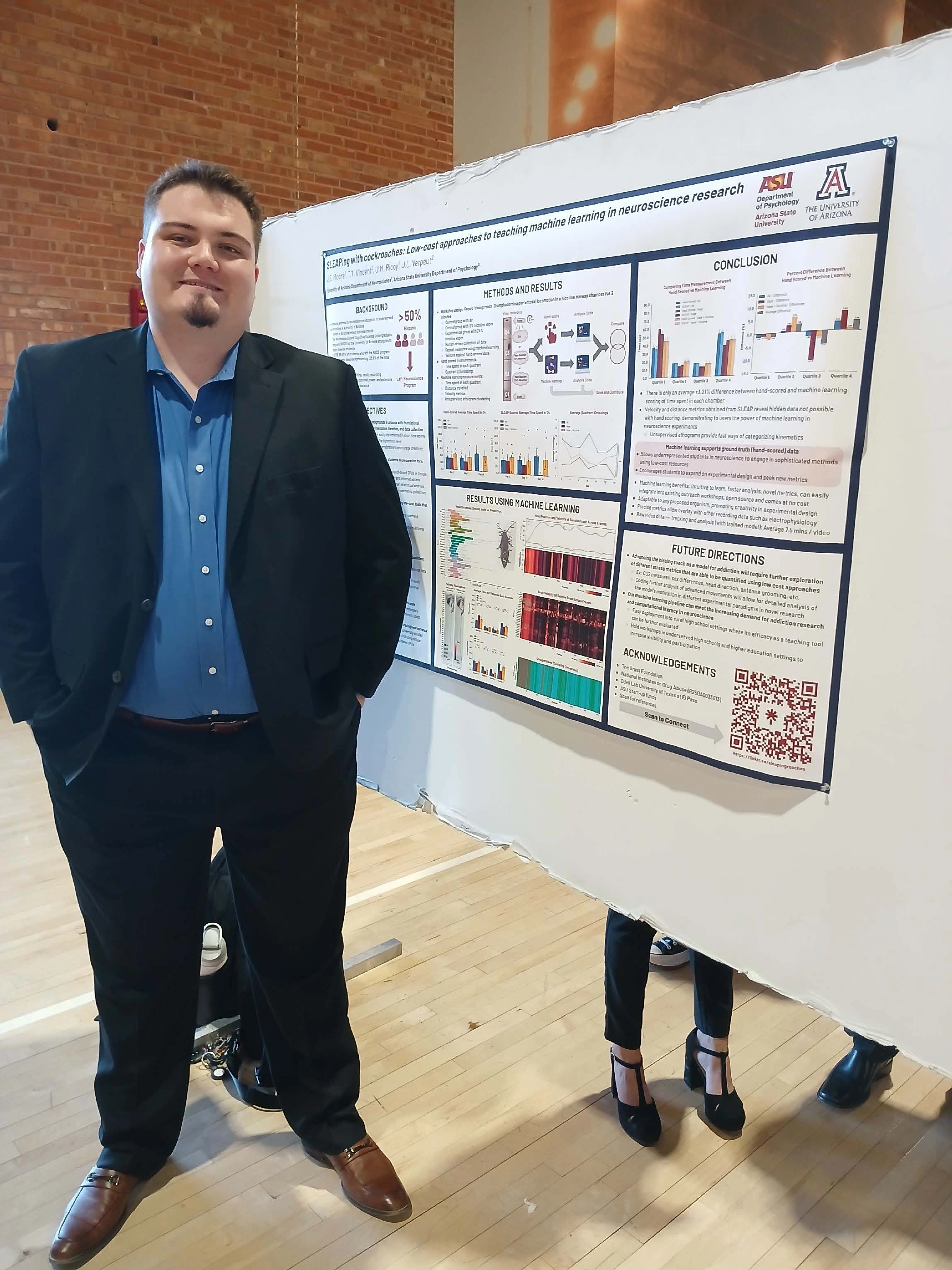 Undergraduate student standing next to their Capstone Project