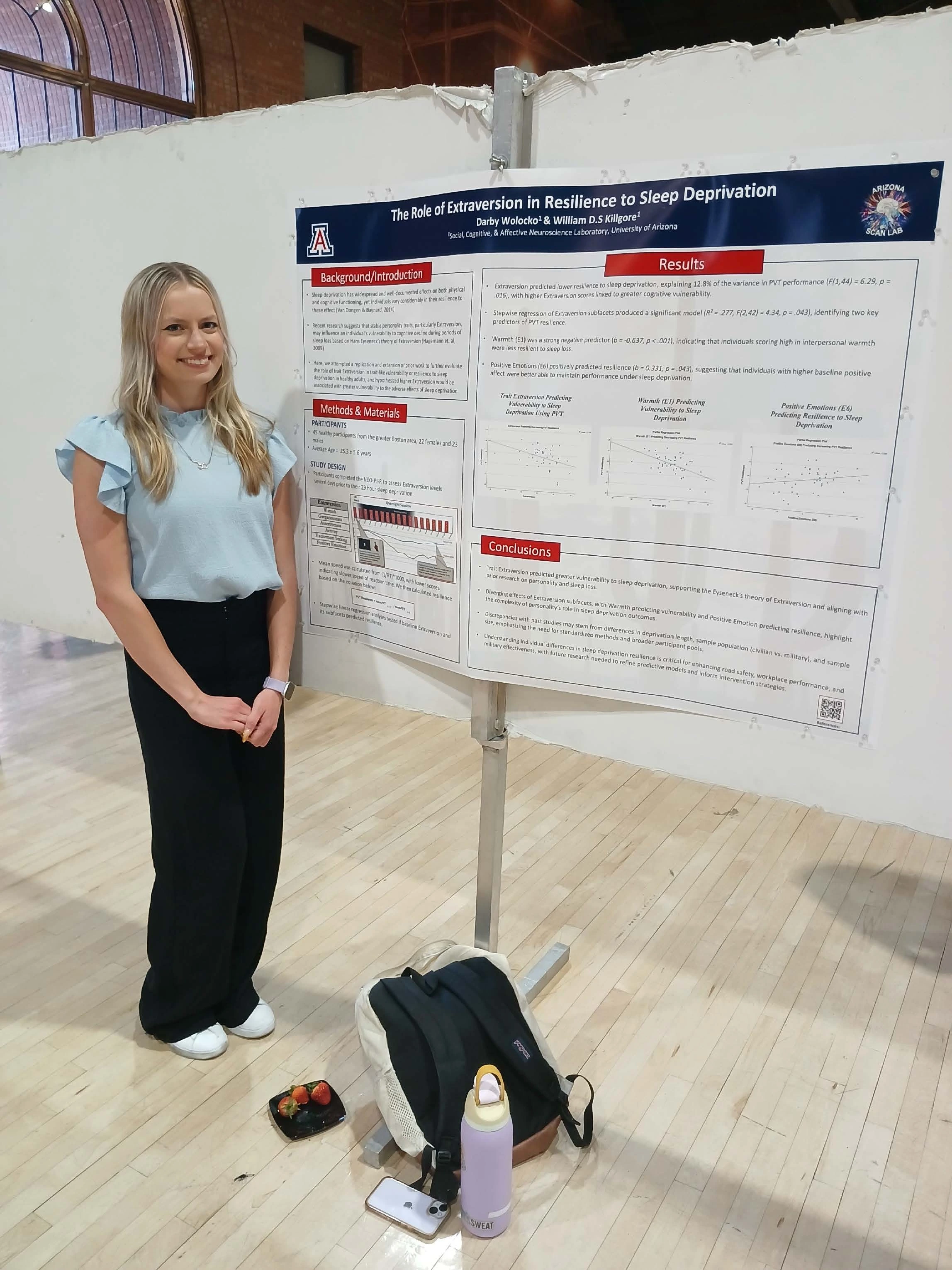 Undergraduate student standing next to their Capstone Project