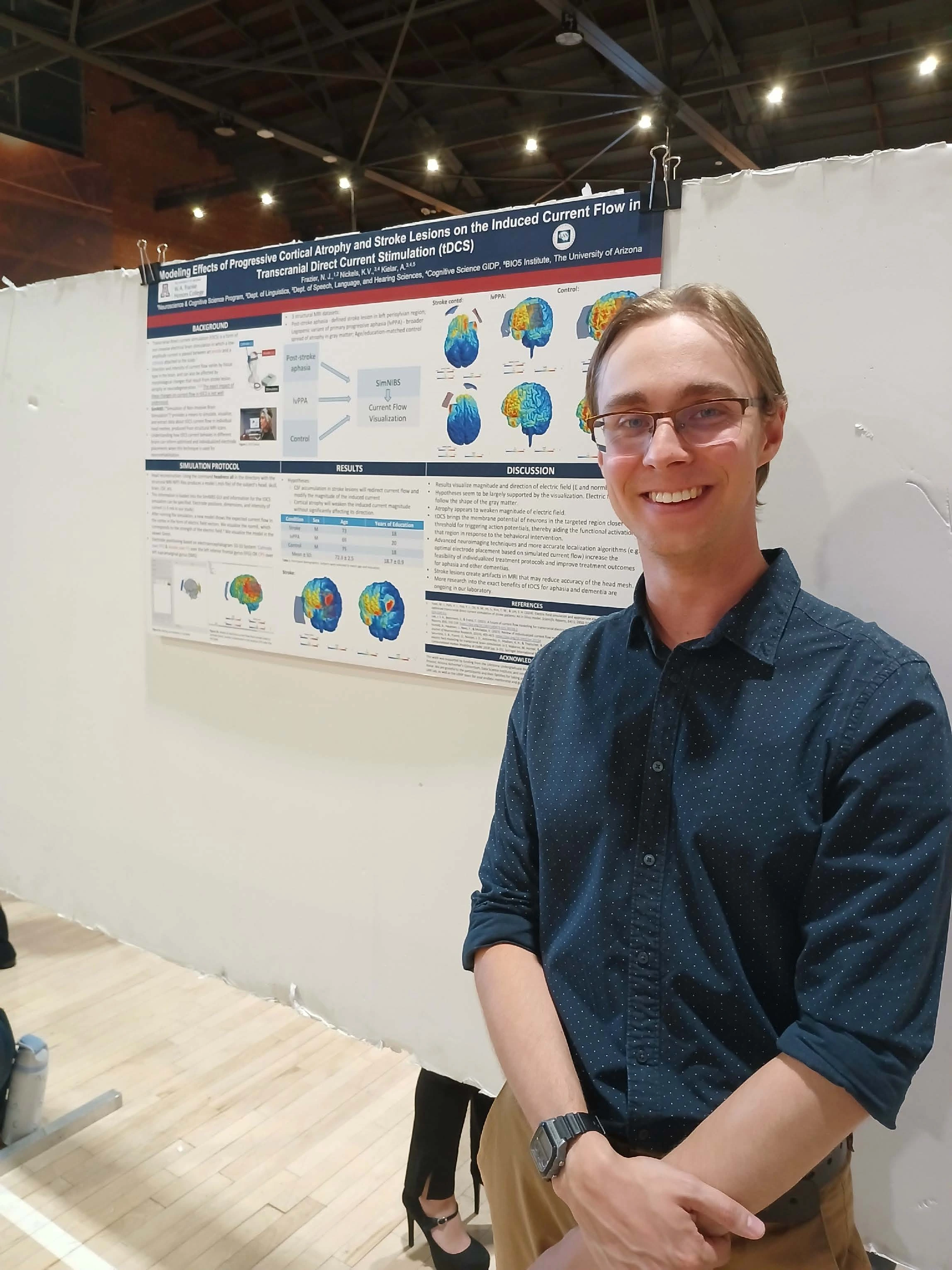 Undergraduate student standing next to their Capstone Project